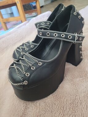 Demonia Black Platform Mary Jane Heels with Silver Chain Trim